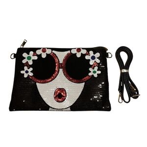 Tiglily NWT Sequined Black Purse With Women In Sun Glasses And Flowers